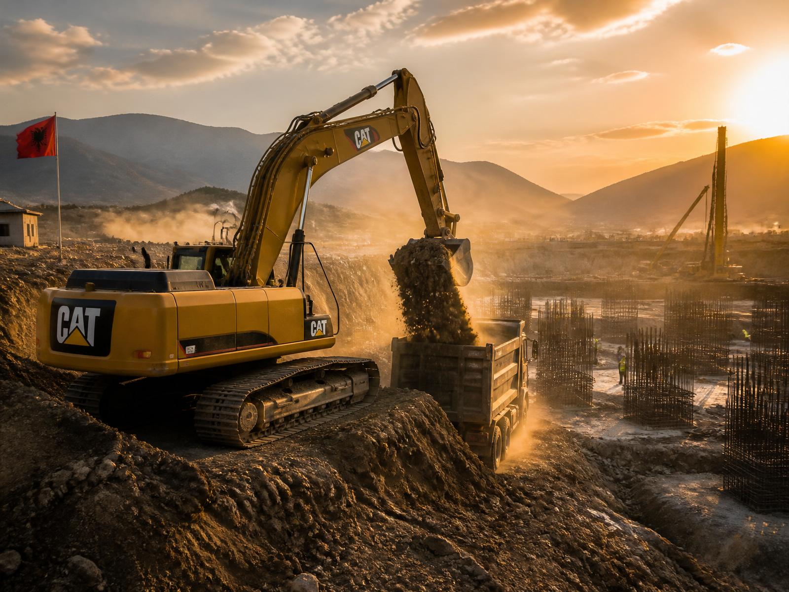 Eskavator në kantier ndërtimi në Shqipëri